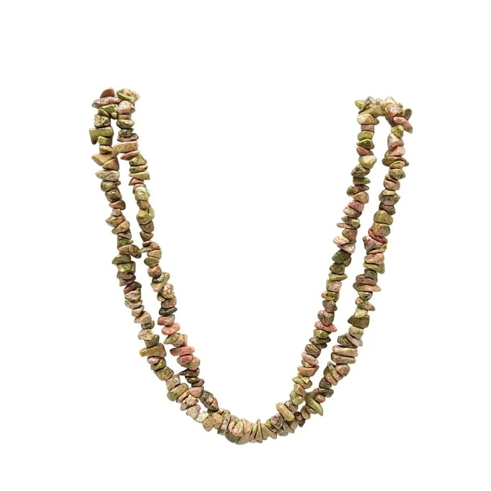 Unakite Chip Long Stand No Clasp Bead Beaded Necklace Vintage